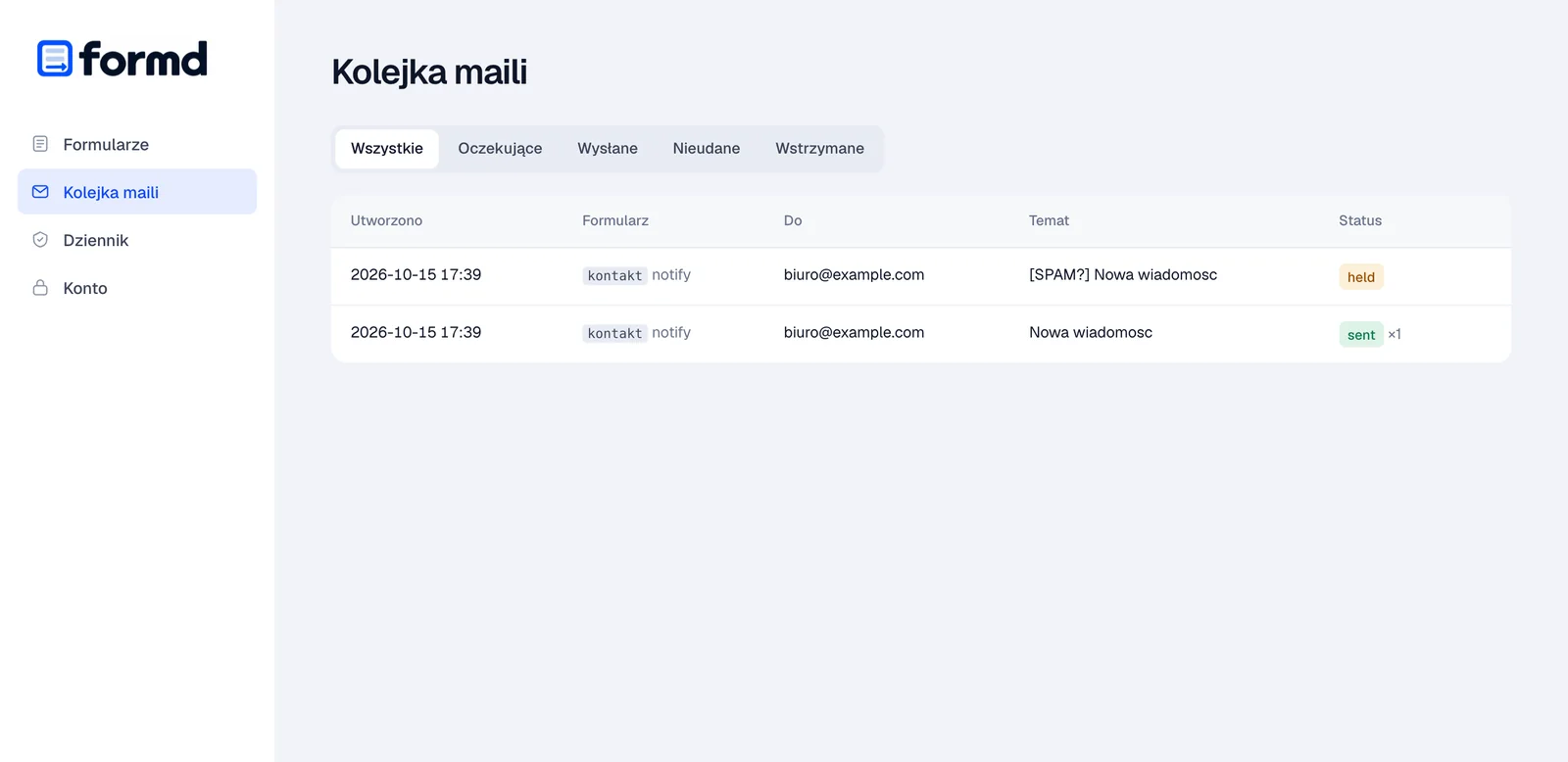 Kolejka maili z filtrami Oczekujące, Wysłane, Nieudane, Wstrzymane i dwoma mailami: jednym wstrzymanym, jednym wysłanym