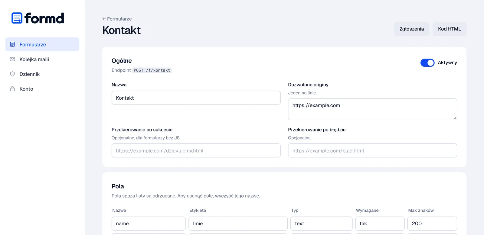 Ustawienia formularza Kontakt: nazwa, dozwolone originy, przekierowania i lista pól z typem, wymaganiem i limitem znaków