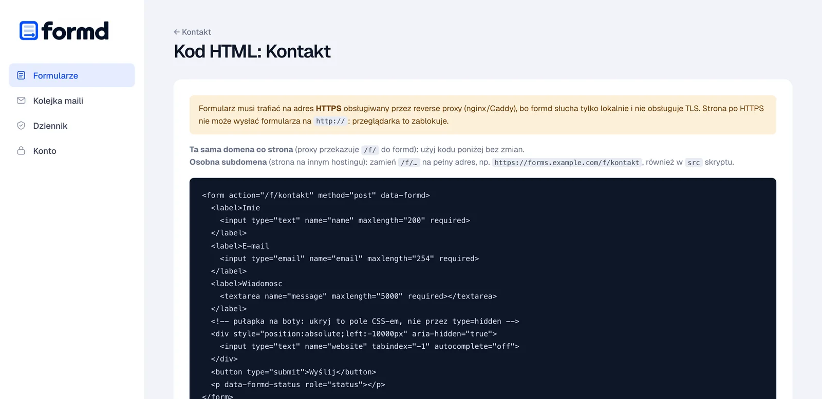 Gotowy kod HTML formularza Kontakt z polem-pułapką i skryptem formd.js